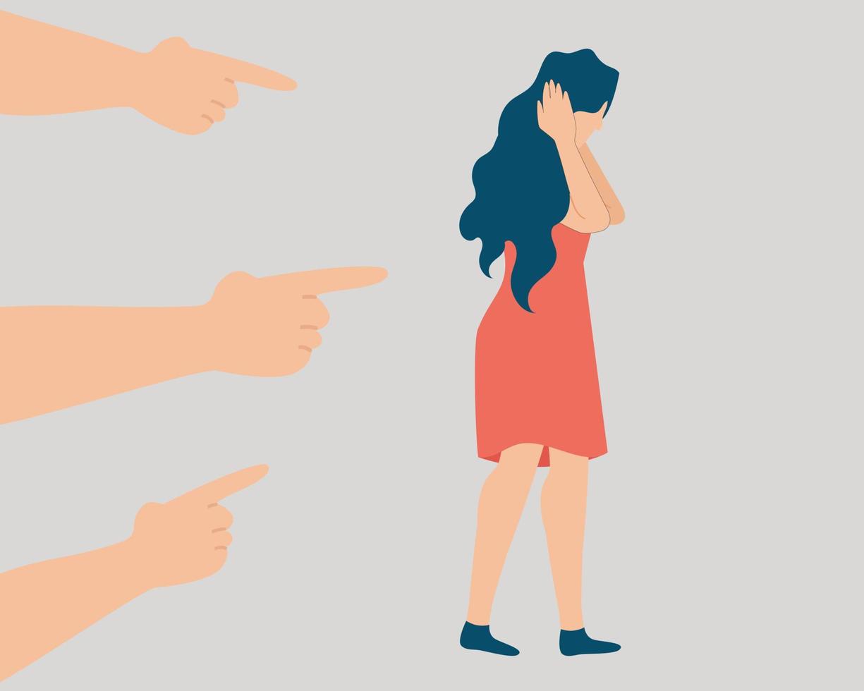 People point their fingers at a woman and surround her. Teenage girl covers her ears because of insults. Stop violence, bullying and abuse against children and women. Mental health concept. vector