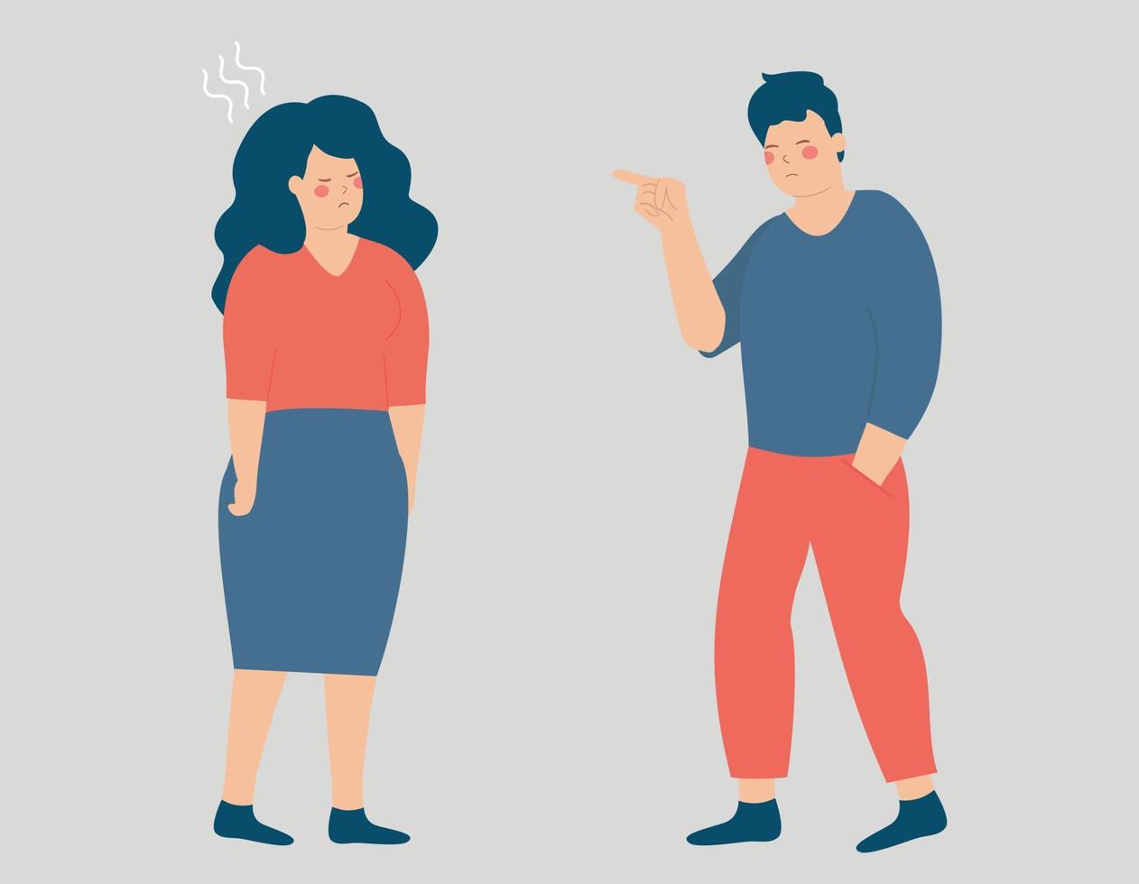 Man blames and accuses a woman and points his finger at her. Wife feeling sad due to abuse and harassment. Stop domestic violence and bullying against women. Concept of verbal assault between couple. vector