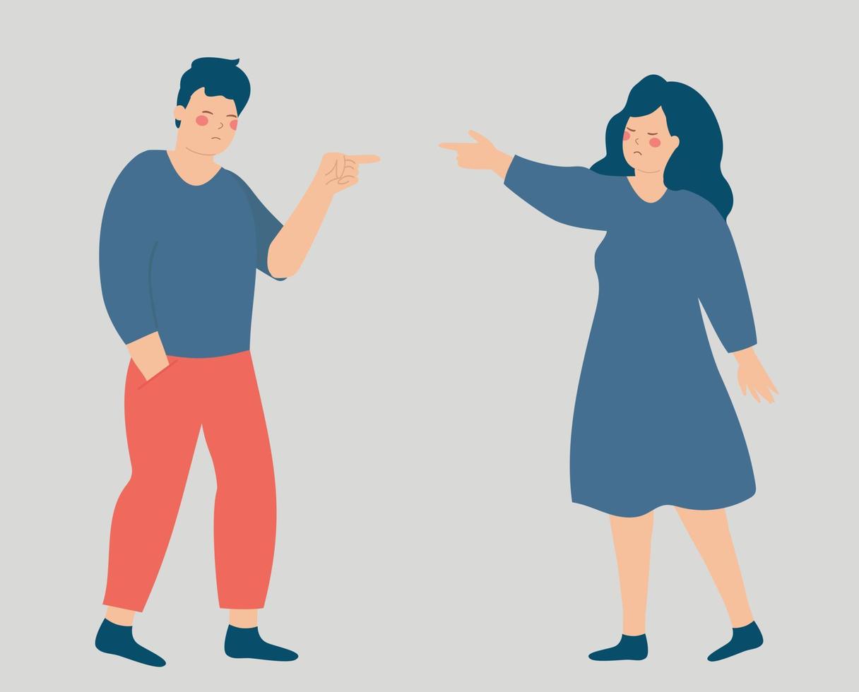 pareja enojada discutiendo y en conflicto. pelea y pelea entre hombre y mujer. gente gritando, culpando y criticando. concepto de agresión verbal, desacuerdo y acusación. ilustración vectorial vector