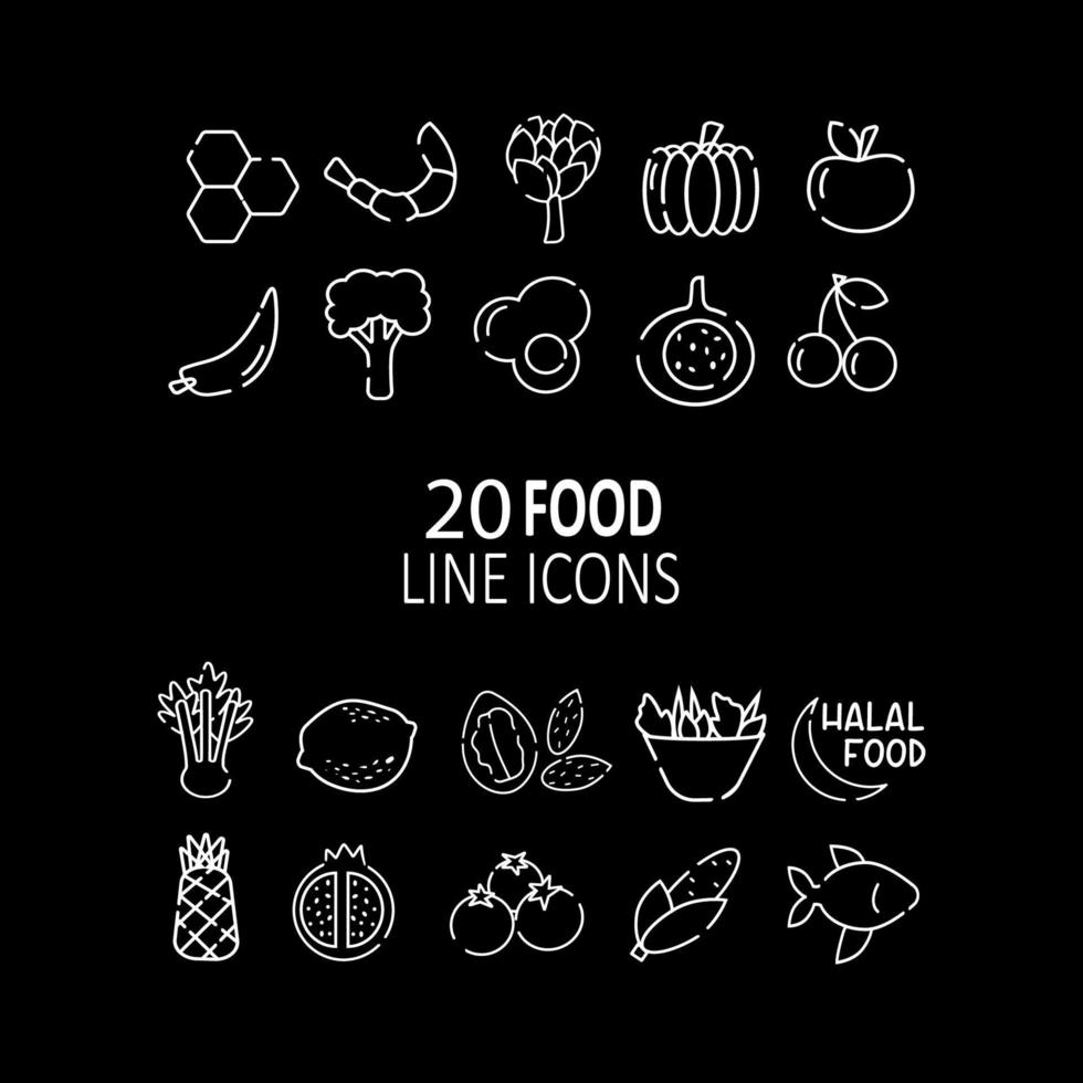 20 food line icons - honey, shrimp, artichoke, pumpkin, apple, chili, broccoli, eggs,  fig, cherry, celery, lemon, salade, halal, pineapple, pomegranate, corn, fish. White on black background. vector