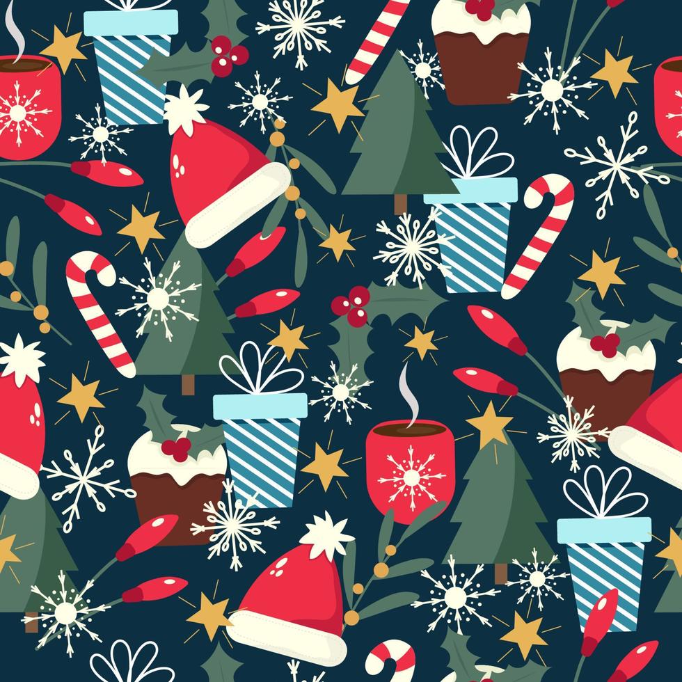 colorido patrón de invierno sin costuras con caja de regalo, sombrero de santa, taza de chocolate caliente, dulces, pastel de navidad, copos de nieve, árbol de navidad y estrellas. vector