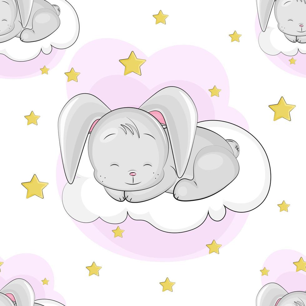 Pattern baby bunny sleeping on clouds vector