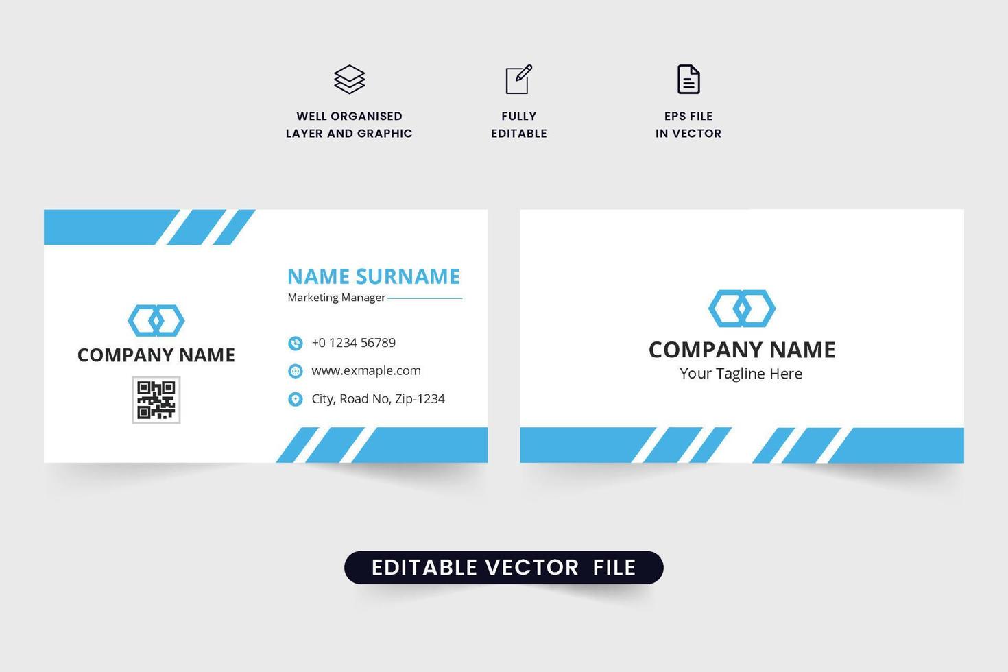 Modern company business card design with blue color. Personal visiting card and stationery template vector for employees. Creative double-sided business card layout design. Simple visiting card vector