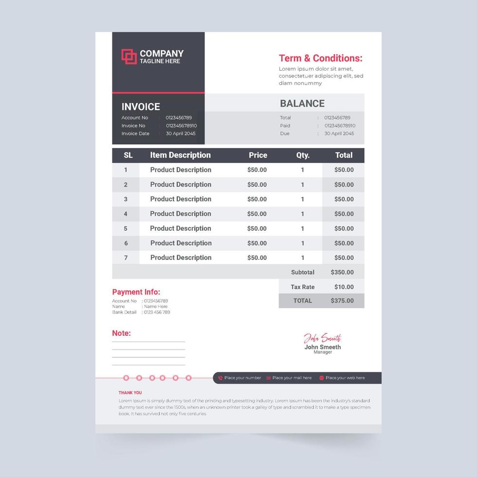 Digital purchase bill and cash receipt design with dark shades. Invoice Template vector for business and shop. Payment receipt template with red and yellow colors. Business stationery invoice bill.