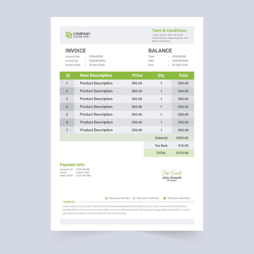 Invoice Template decoration with green and cyan-blue colors. Cash receipt and invoice bill template for business. Business stationery and payment receipt template. Creative purchase bill design. vector