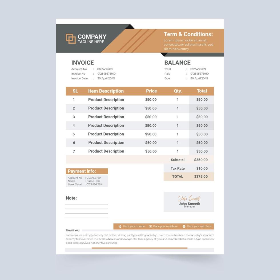 Minimal invoice template design for business billing method. Product price receipt and payment agreement invoice vector. Business invoice design with orange shade and blue colors. Cash receipt invoice vector