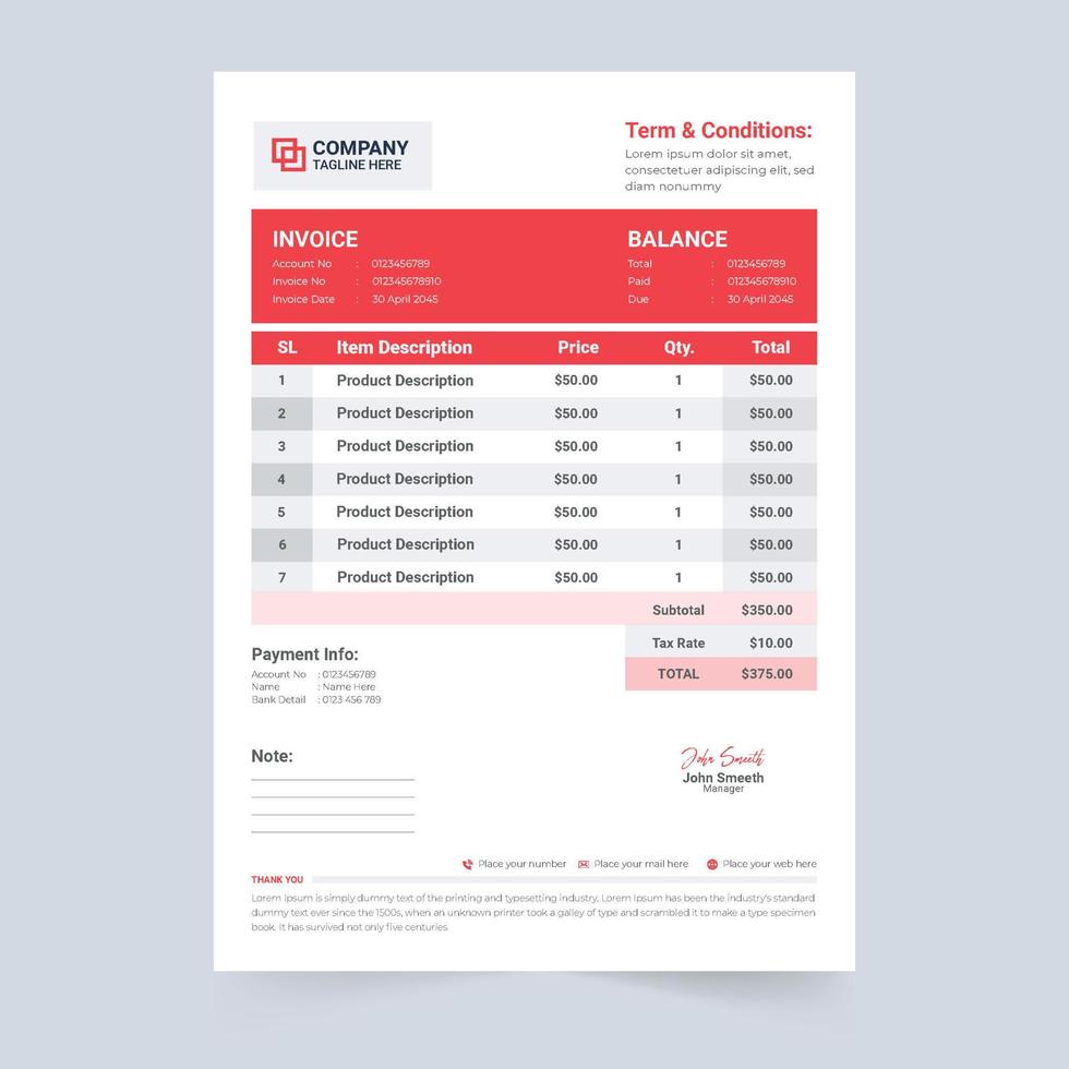 Creative invoice template design for payment information. Business stationery and invoice vector with red and dark blue color. Invoice bill template and cash receipt design with business info section.