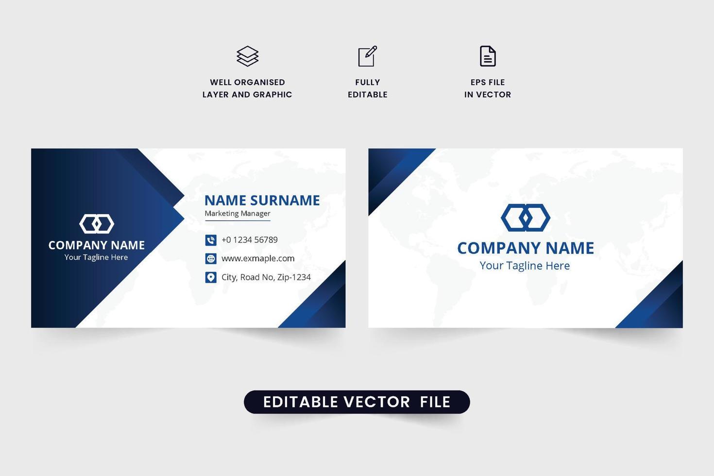 Futuristic business card design with dark blue color. Modern business branding identity card vector with geometric shapes. Creative printable visiting card design for personal uses.