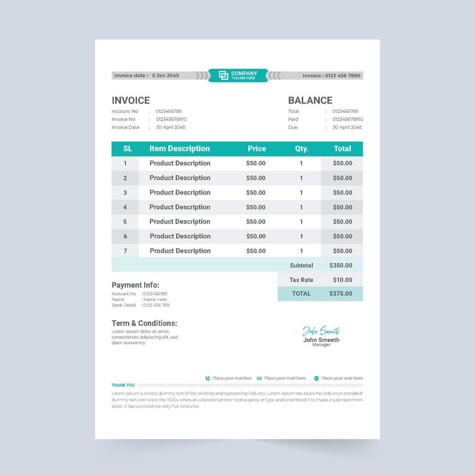 Minimal invoice template vector for business bill calculation. Payment agreement and invoice bill template with dark cyan and yellow color. Product buy and sell price receipt design with product info.