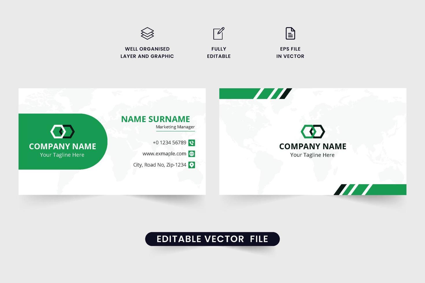 Creative business card stationery template vector with geometric shapes. Professional business card template design with green and dark colors. Modern corporate business branding card vector.