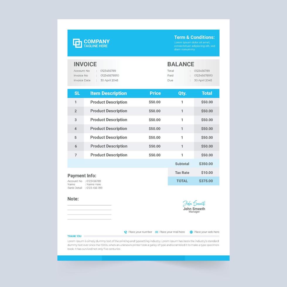 Payment agreement and invoice template vector with cyan and red color. Product buy and sell billing invoice design with payment information. Minimal invoice template with price receipt vector.