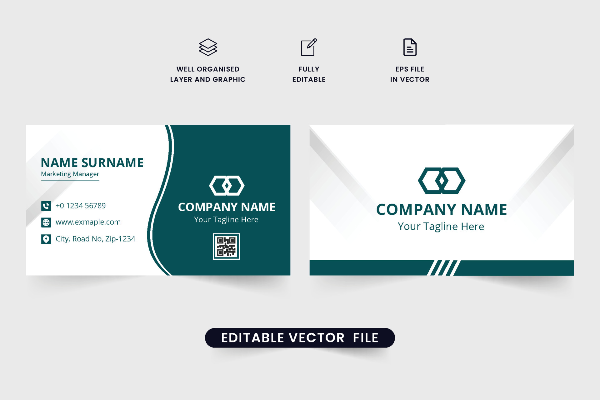 Double sided visiting card template design with dark green color