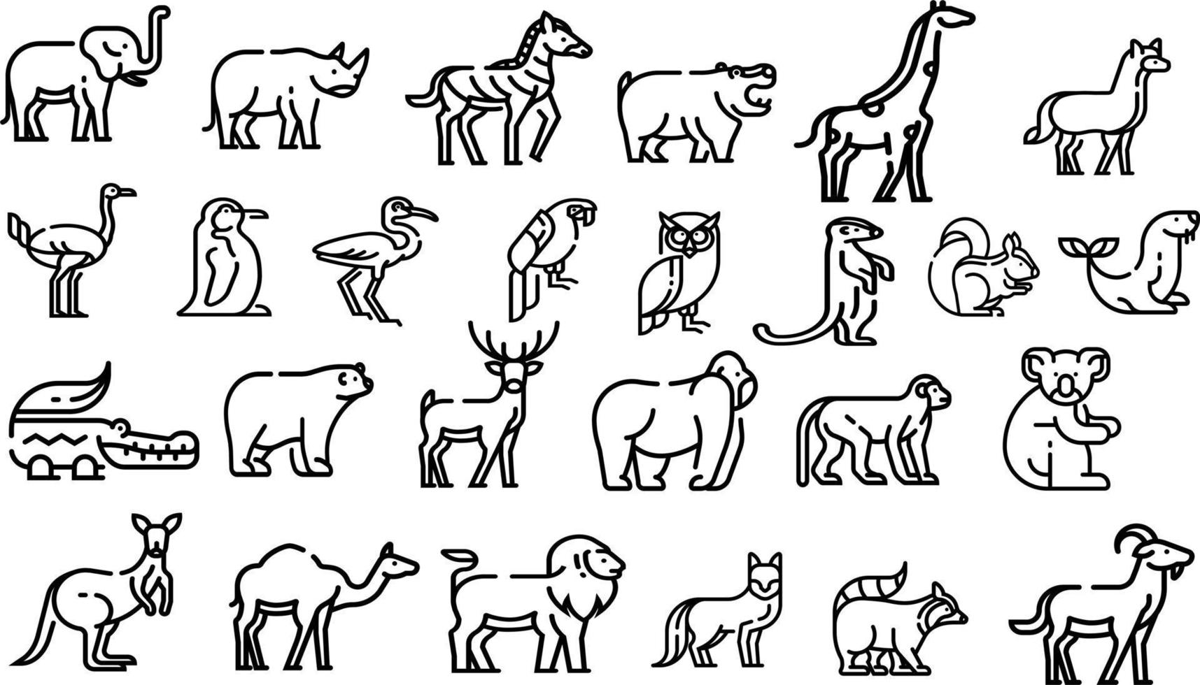 Animals elements set, collection of coloring book templates, the group of outline digital vector illustration, kid educational game page lion wolf elephant crocodile bird monkey rhino deer squirrel