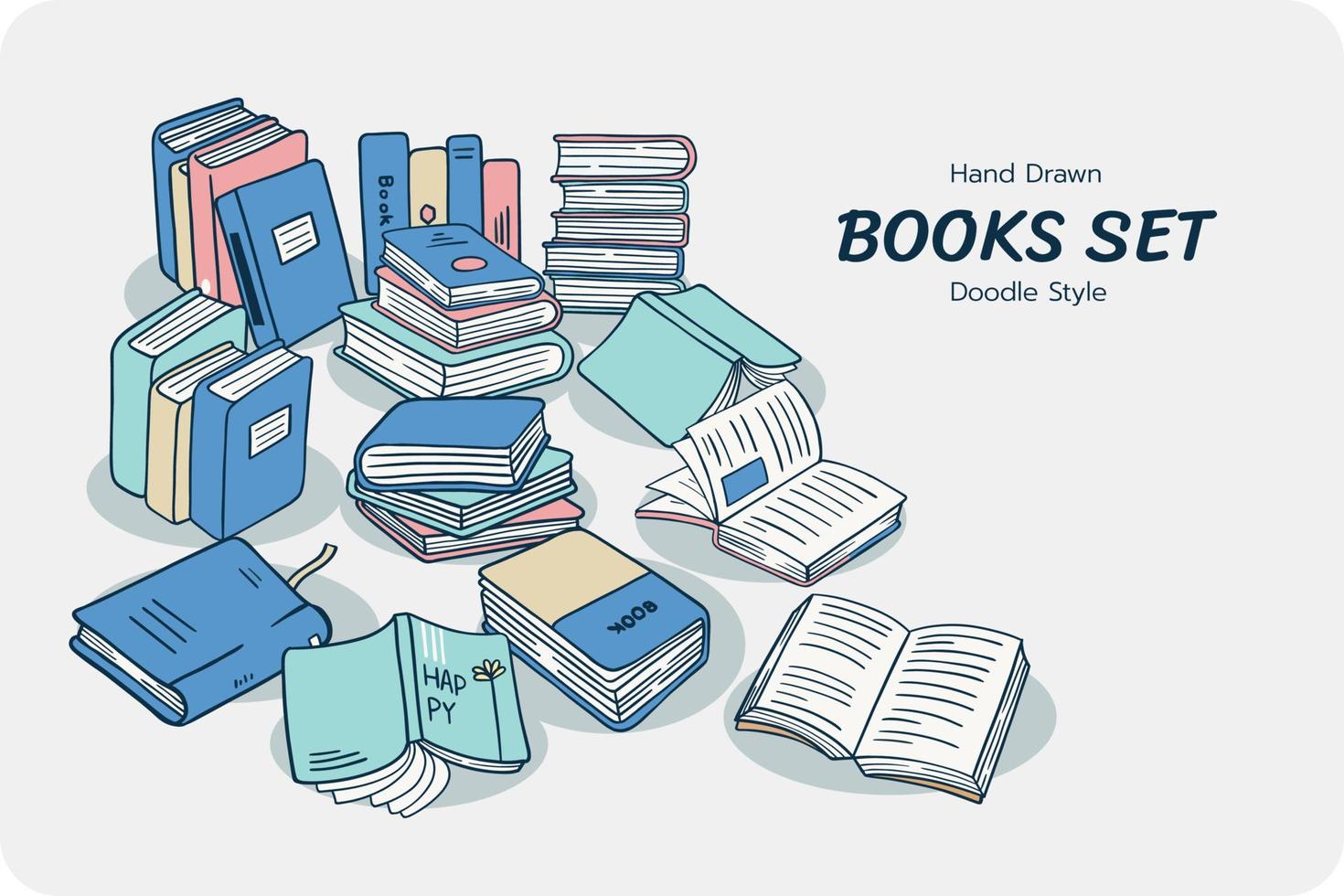 conjunto de libros dibujados a mano, estilo garabato, conjunto de libros en estilo de diseño plano. vector