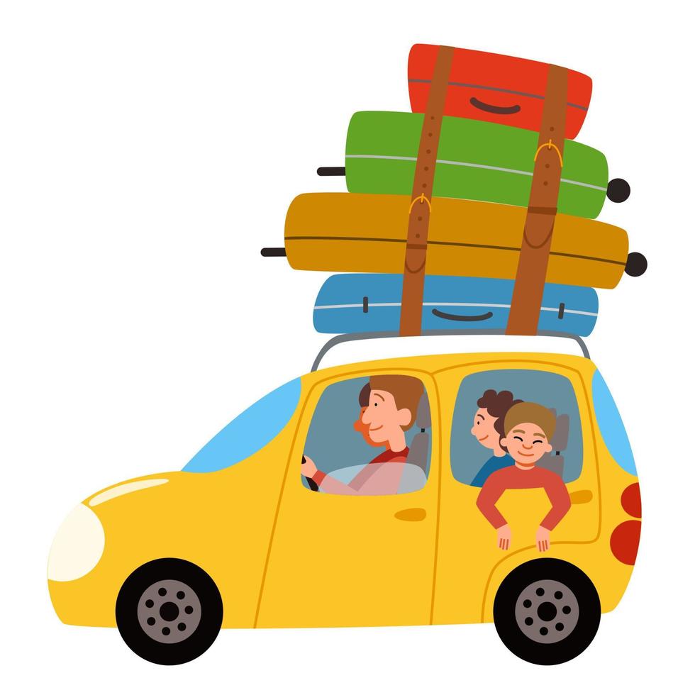 The family is going to rest by car. A car with a bunch of suitcases on the roof. vector