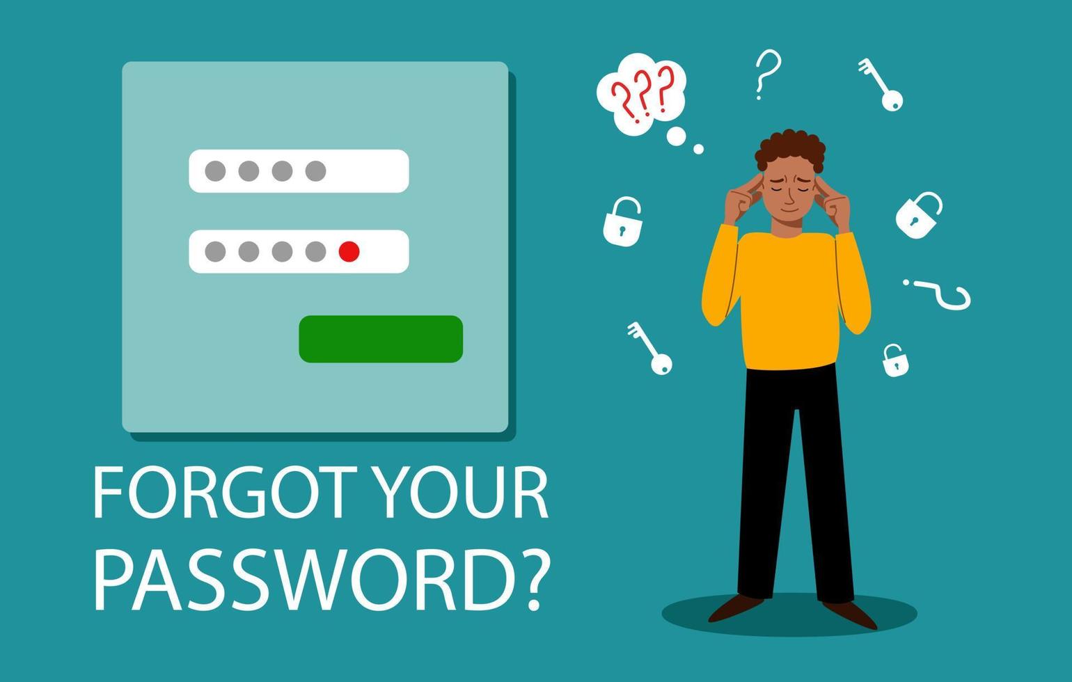 An African-American man forgot her personal details. the concept of a web screensaver with a forgotten password. vector