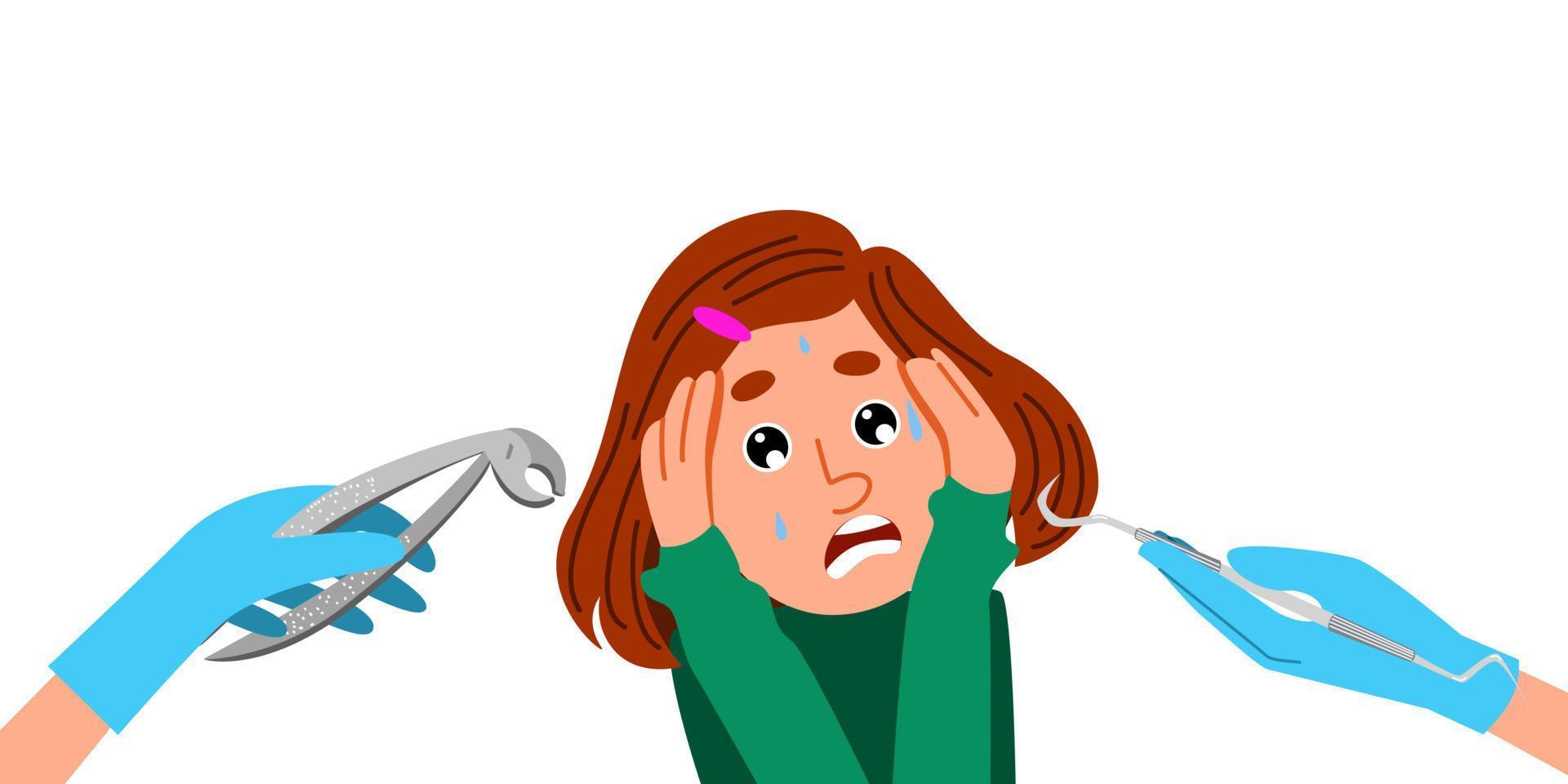 The girl is afraid of the dentist. A frightened patient is a child experiencing a panic attack in the office of a dental clinic. vector