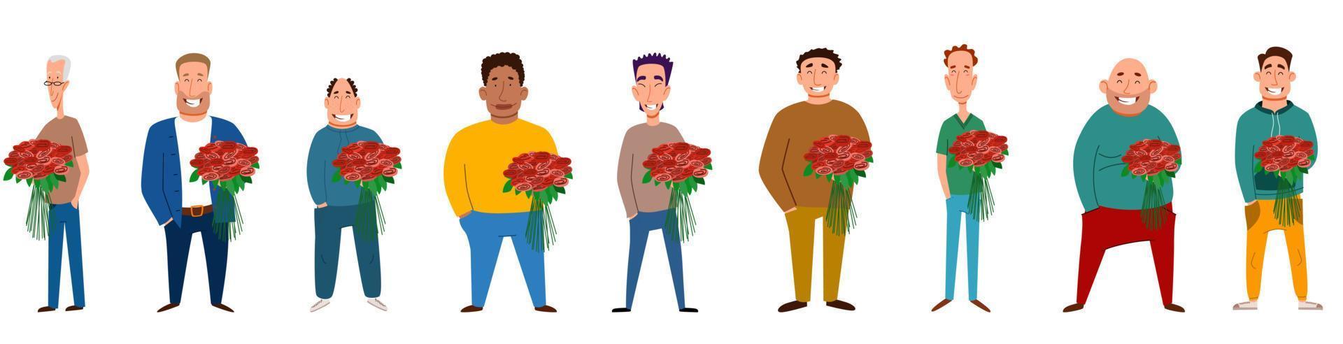 A set of male characters with a bouquet of flowers in their hand. vector