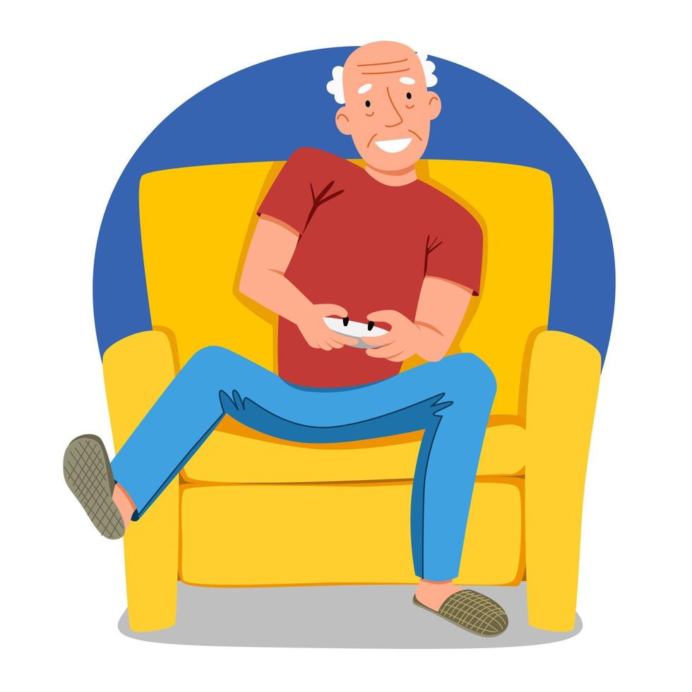 An elderly man plays computer games sitting on a chair. vector