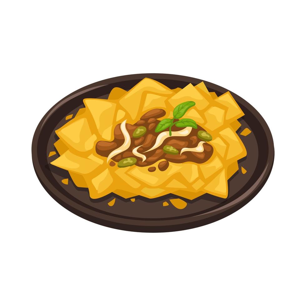 nachos comida mexicana hecha de chips de tortilla fritos con topping de carne vector de ilustración de dibujos animados