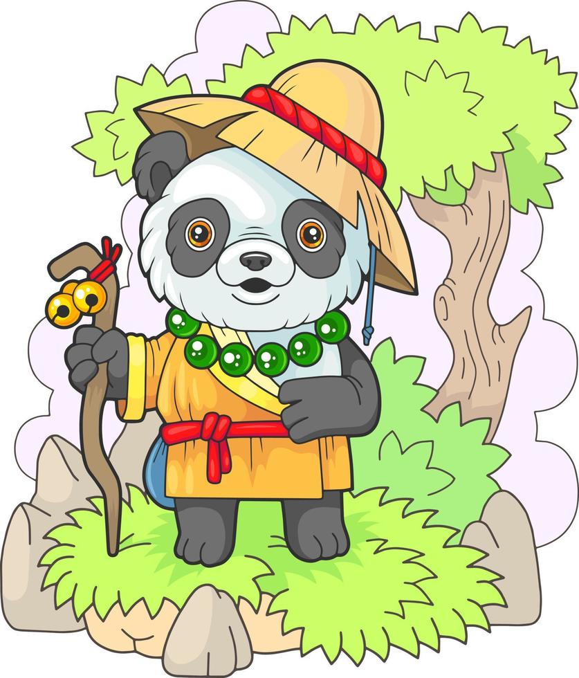 cute cartoon panda monk, funny illustration vector