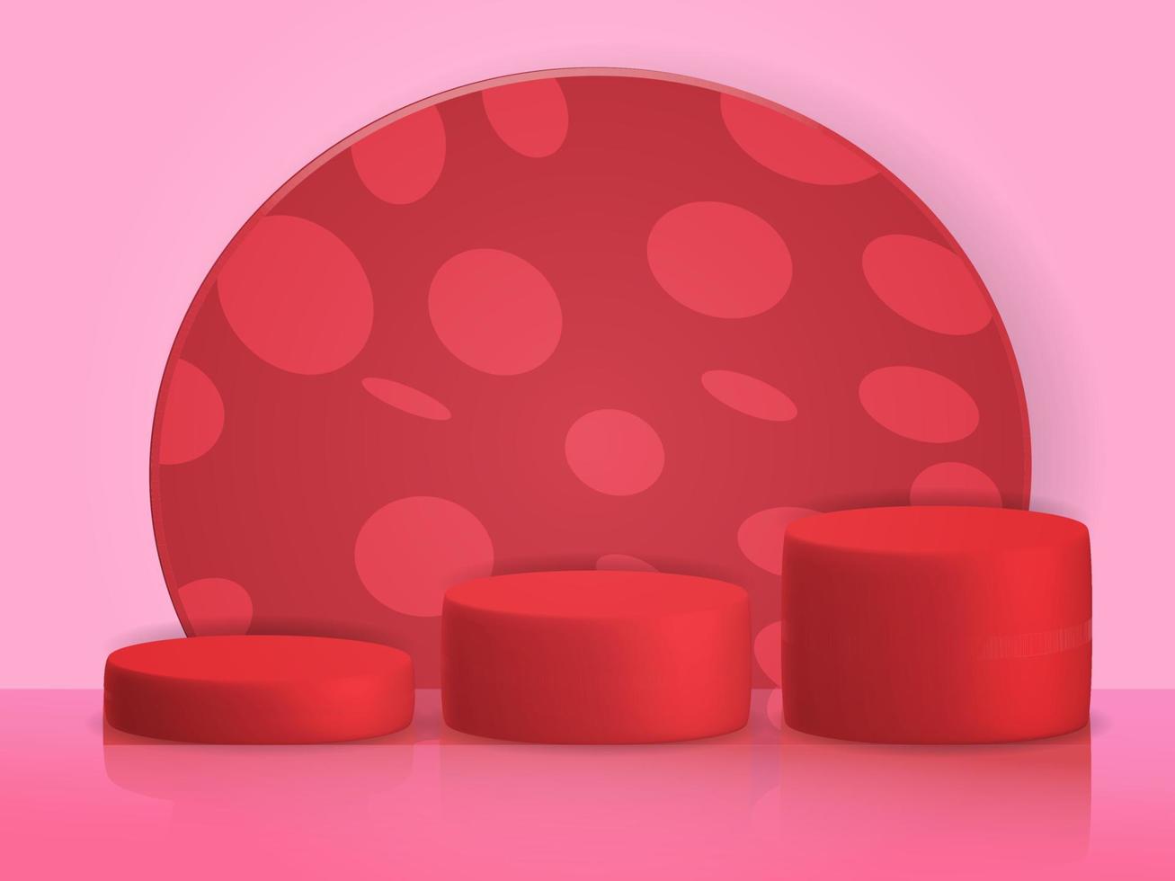 three short, medium and tall oval podiums, on a red background. vector