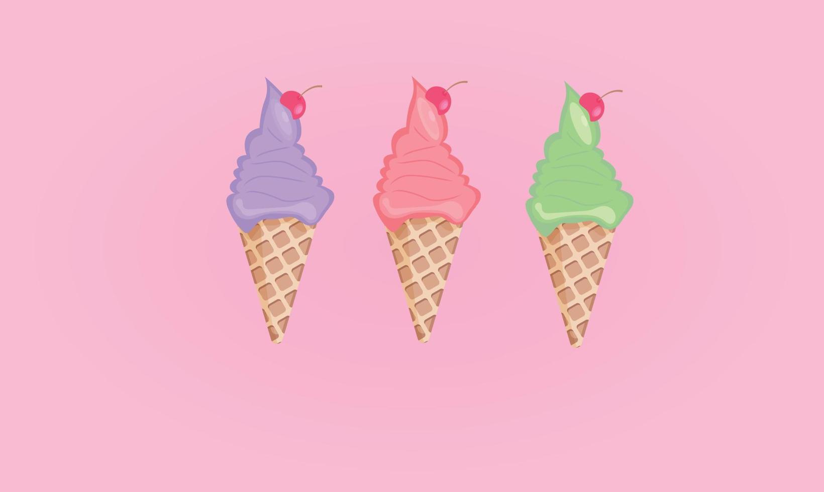Ice cream set. Ice cream cone with cherries. vector
