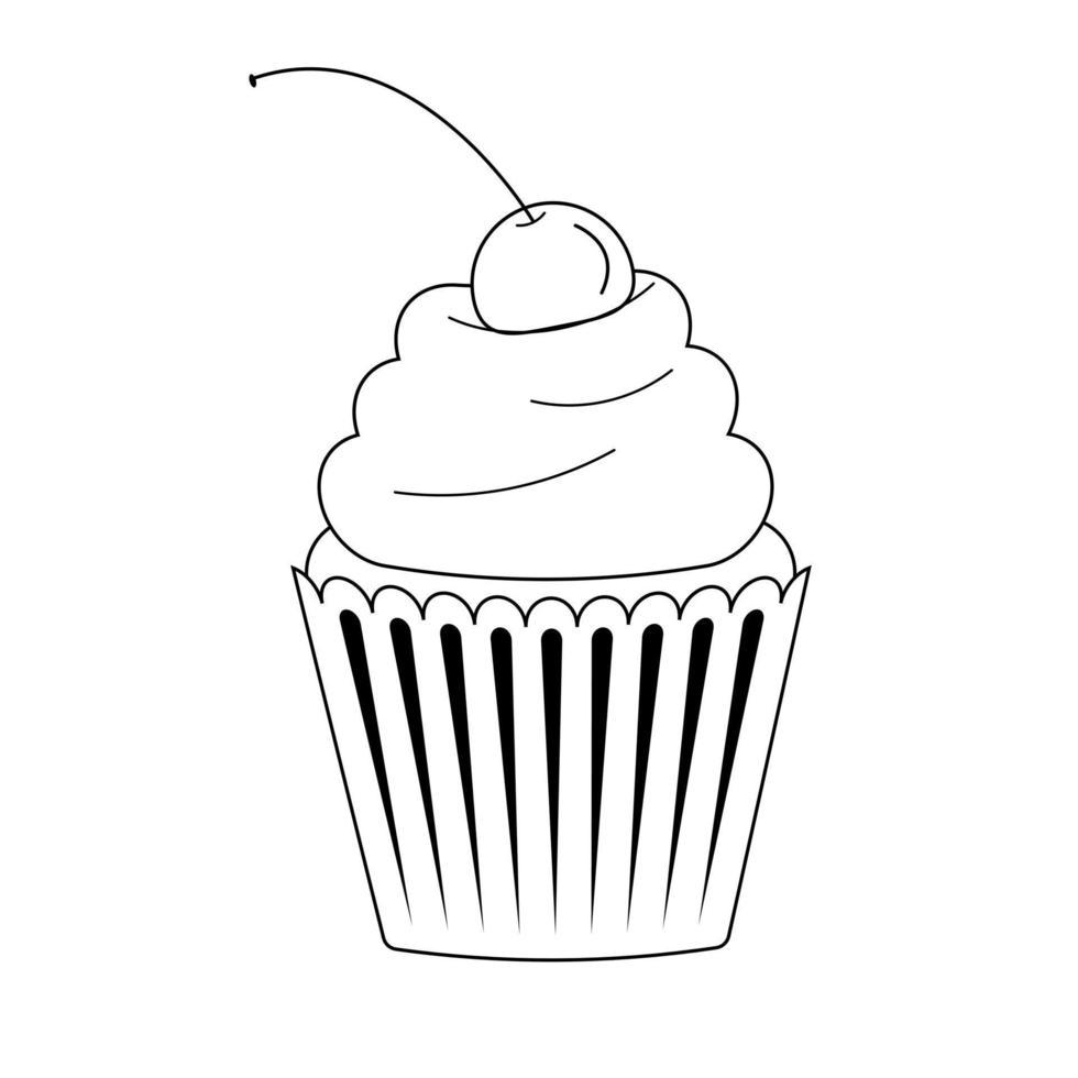 cupcake blanco y negro con estilo de línea de cereza vector