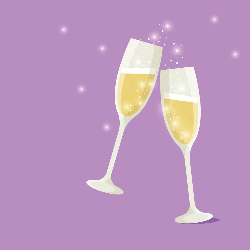 Champagne glasses in yellow on a lilac background. Party, Christmas. Birthday party. vector