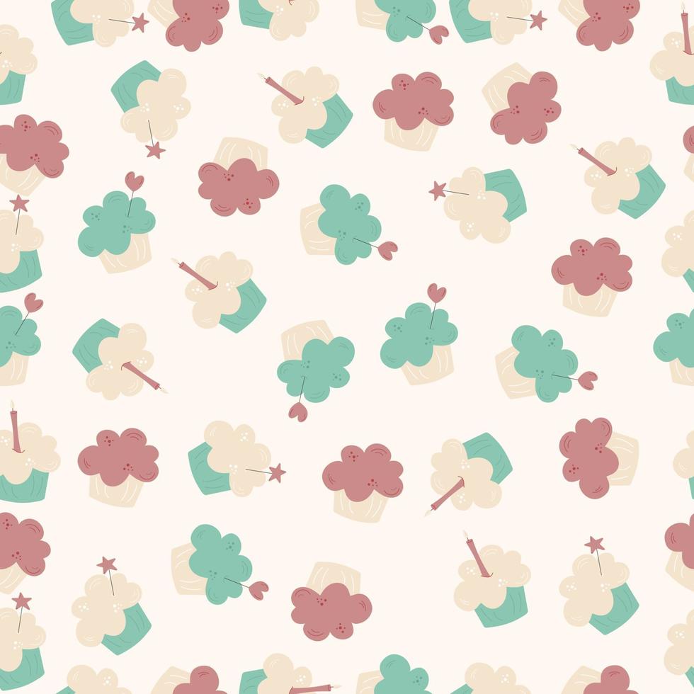 Seamless cupcake pattern in light colors. Food vector