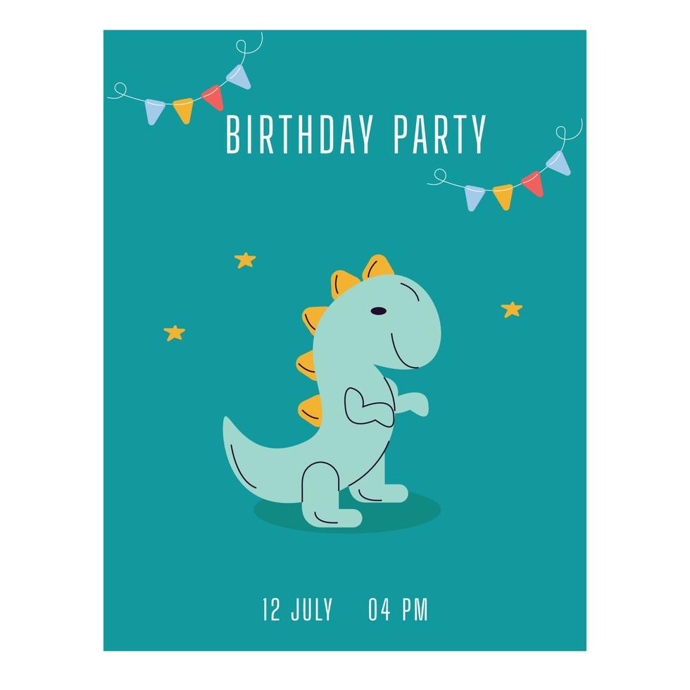 Birthday invitation. Dinosaur green baby vector