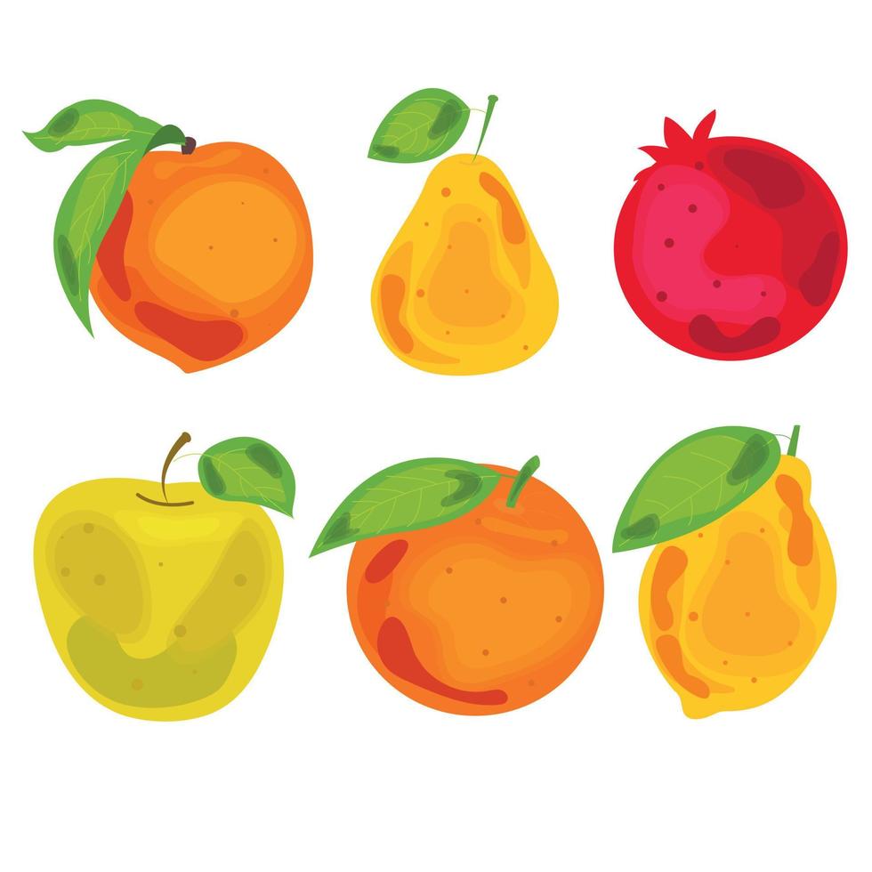 A set of fruits in bright watercolor style. Pomegranate pear lemon peach apple orange lemon vector