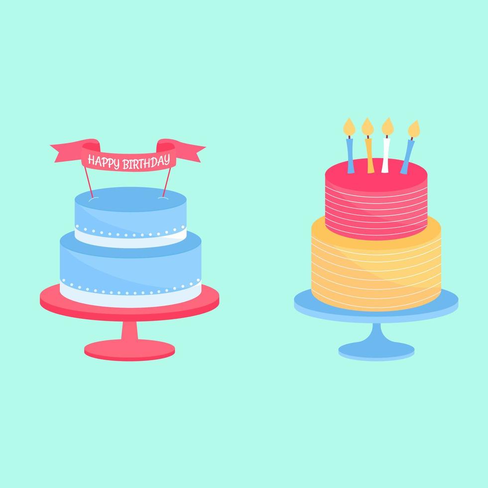 A set of brightly colored cakes with c birthday inscriptions. Vector illustration
