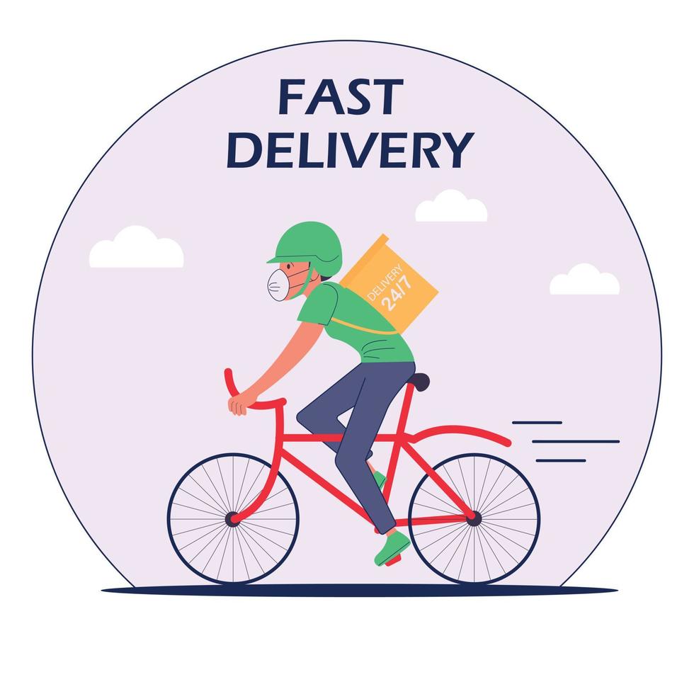 Delivery is fast man, guy on a bike in a mask and helmet vector
