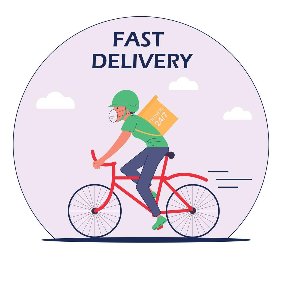 Delivery is fast man, guy on a bike in a mask and helmet vector