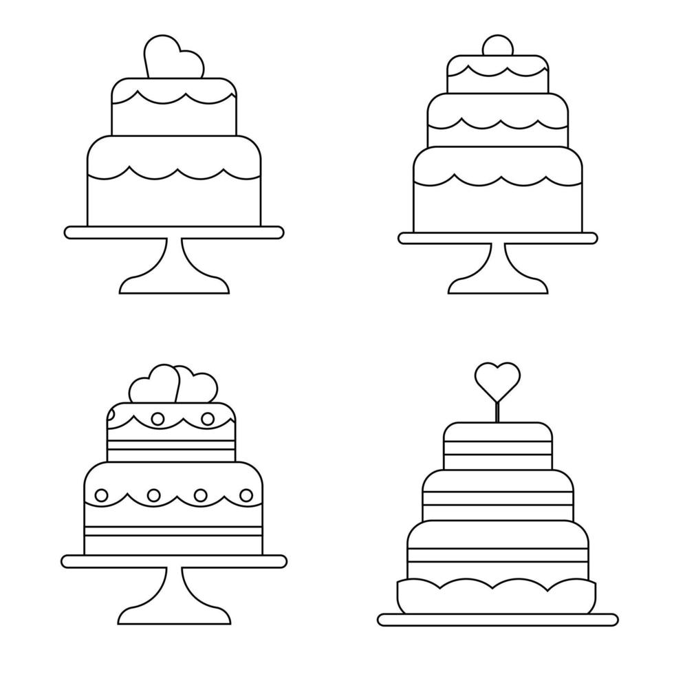 Set of festive wedding cakes in a linear style. Vector illustration