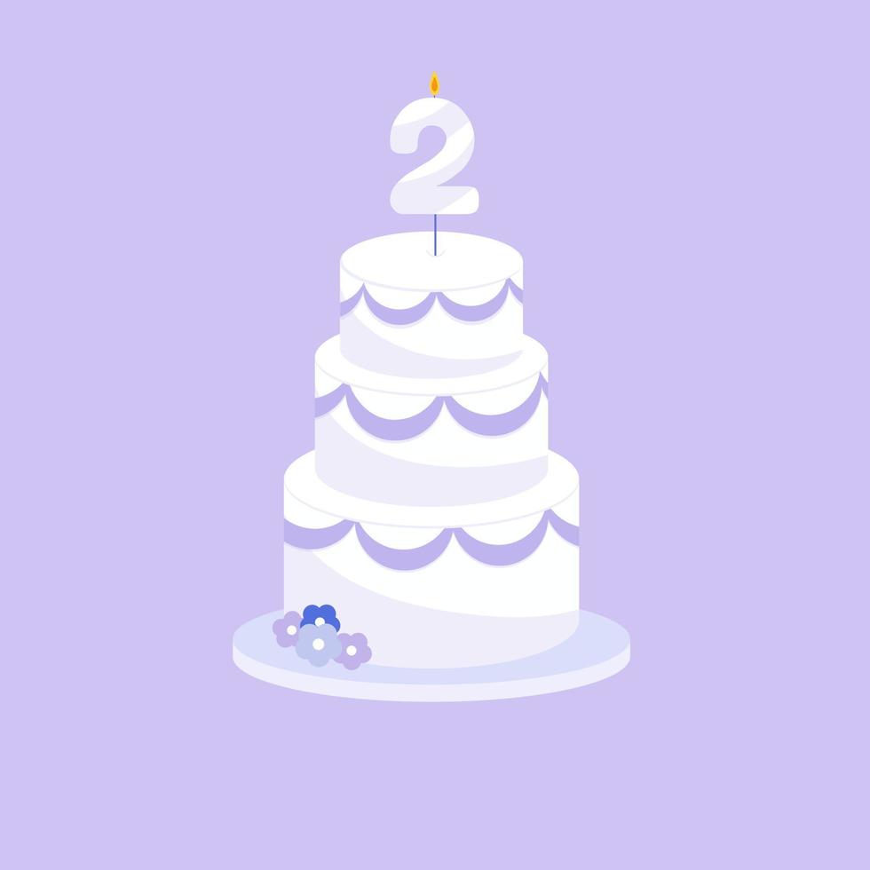 Festive cake with candle age two in flat style. Vector illustration