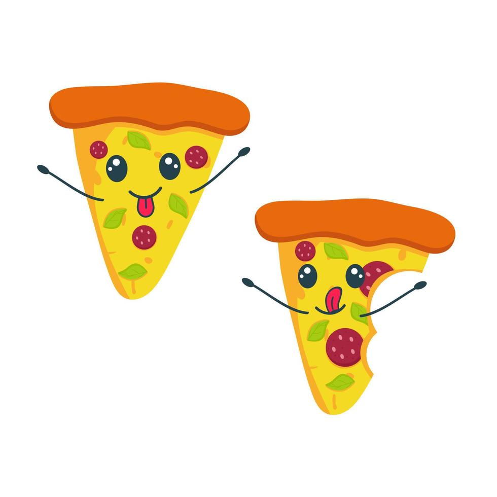 Vector slice of kawaii pepperoni pizza with salami. Fast food illustration