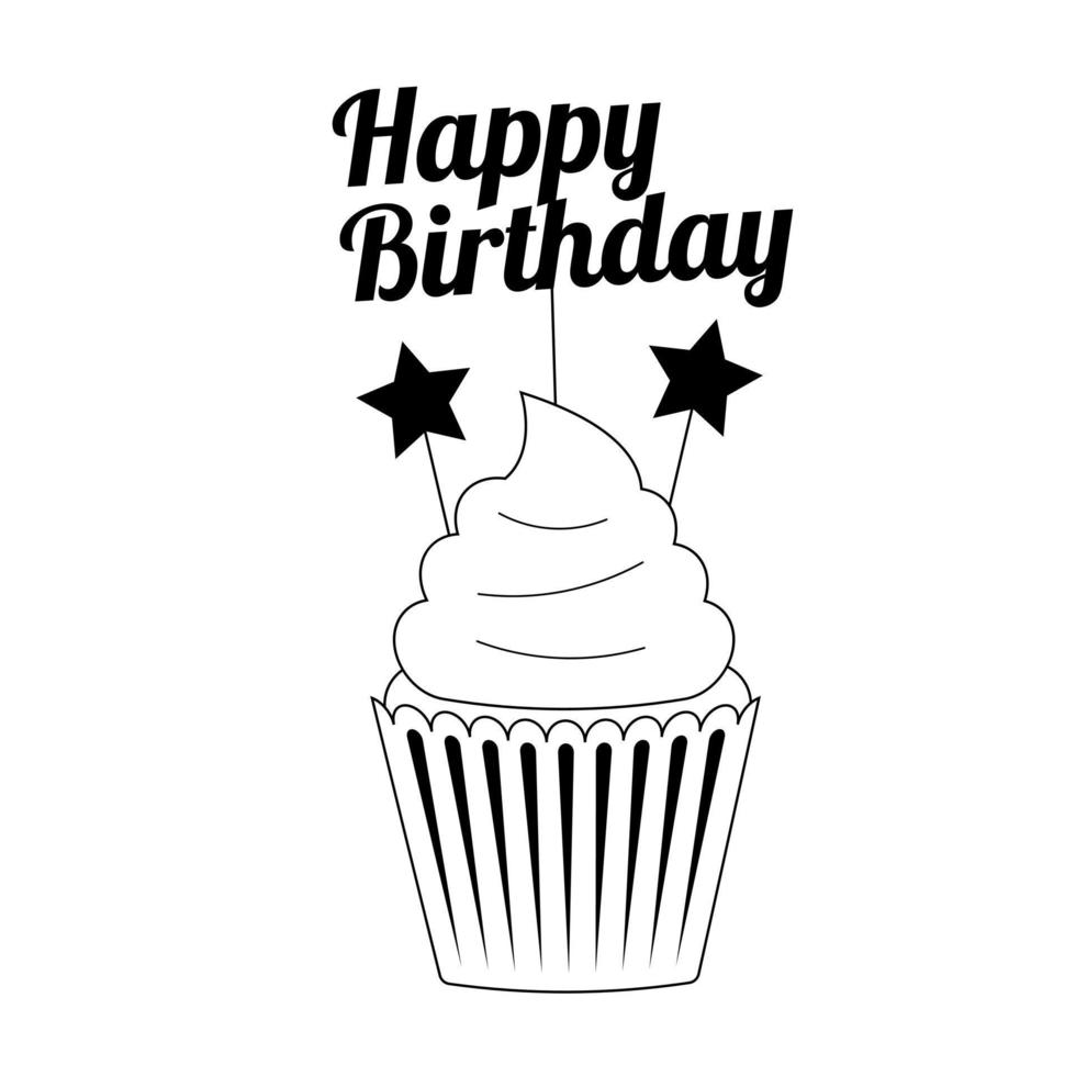 cupcake de cumpleaños en blanco y negro con inscripción de cumpleaños en estilo de línea vector