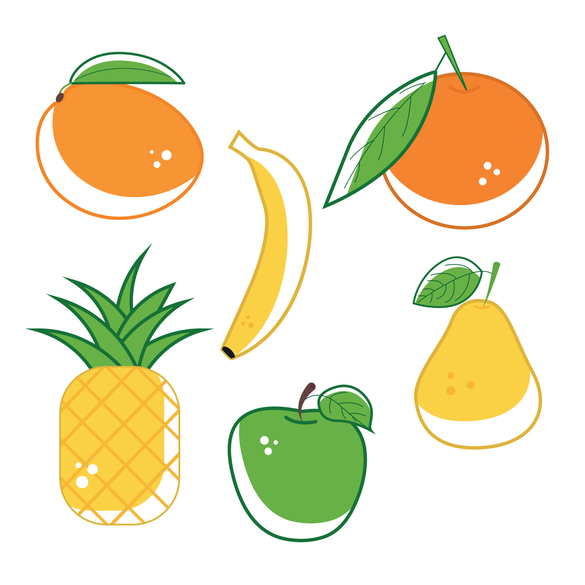 A set of fruits in bright style. Mango banana orange pineapple apple