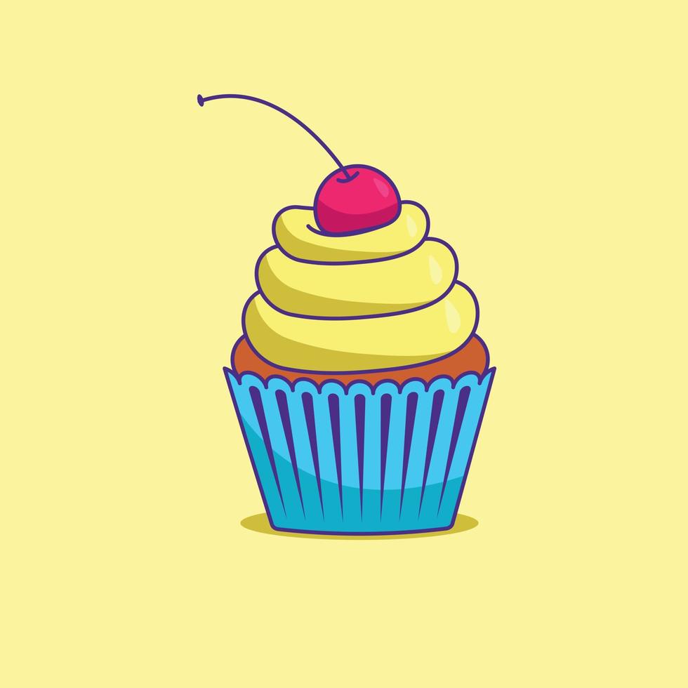 cupcake amarillo de colores brillantes con cerezas vector