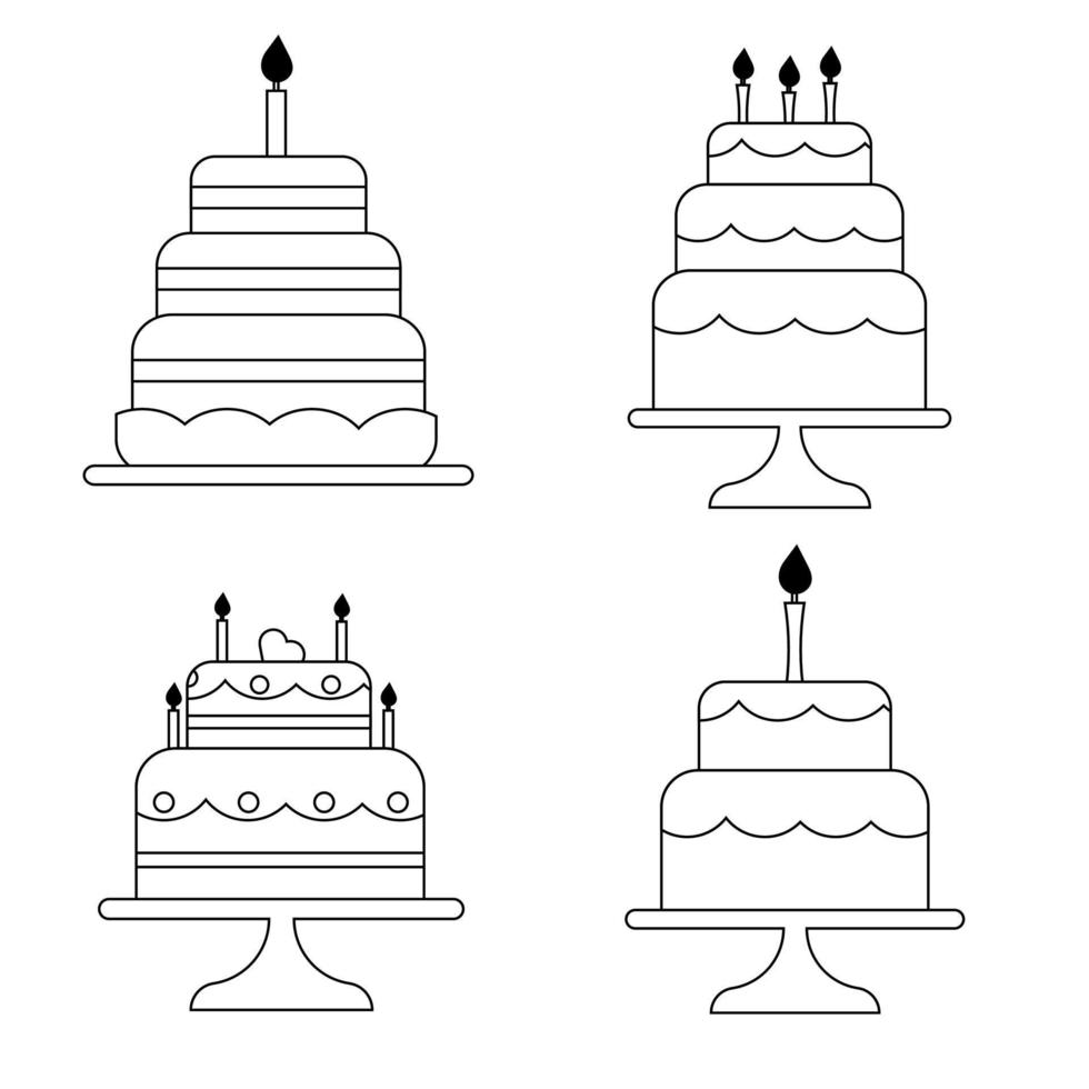 Set of flat birthday cakes with line style candles. Vector illustration