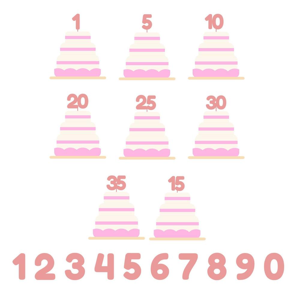 Set of cakes with candles with age. Anniversary dates. Vector illustration