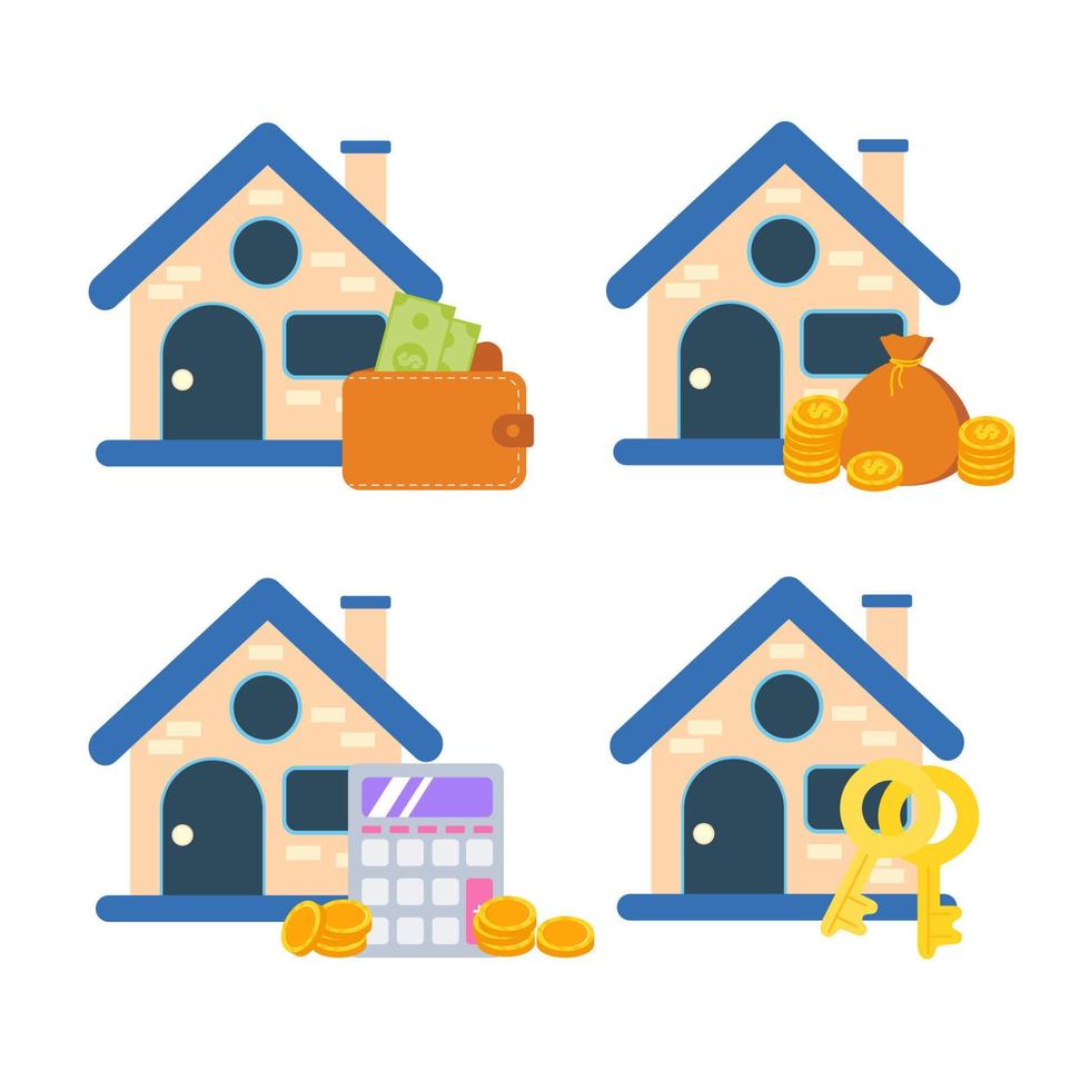 House set with key, bag of coins, dollar purse, calculator, isolated on white background. vector