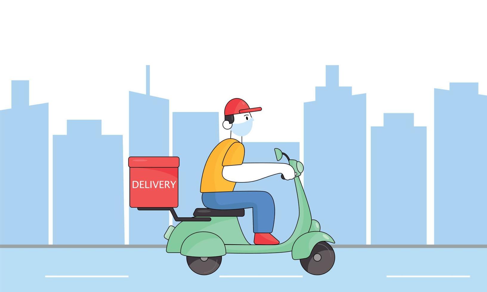 servicio de entrega en línea, seguimiento de pedidos en línea, entrega a domicilio y en la oficina. entrega de scooters. un hombre en bicicleta en la ciudad y con una máscara. vector