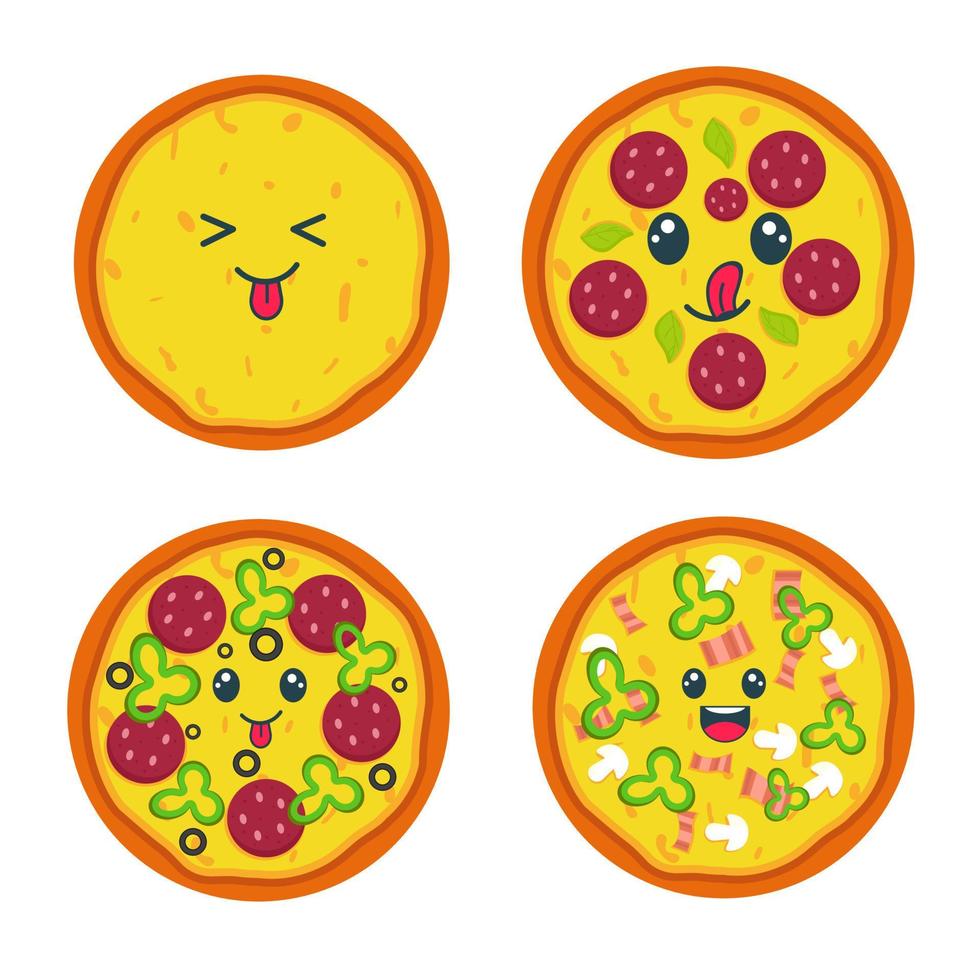 pizza kawaii entera en diferentes sabores. ilustración de comida rápida vector