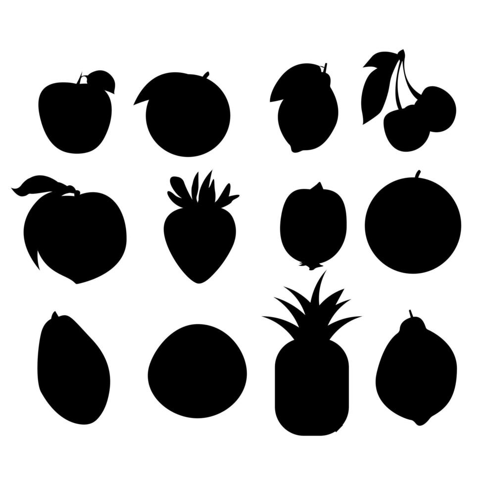 Silhouette fruit set. Apple orange lime lemon cherry peach strawberry kiwi melon papaya coconut pineapple vector