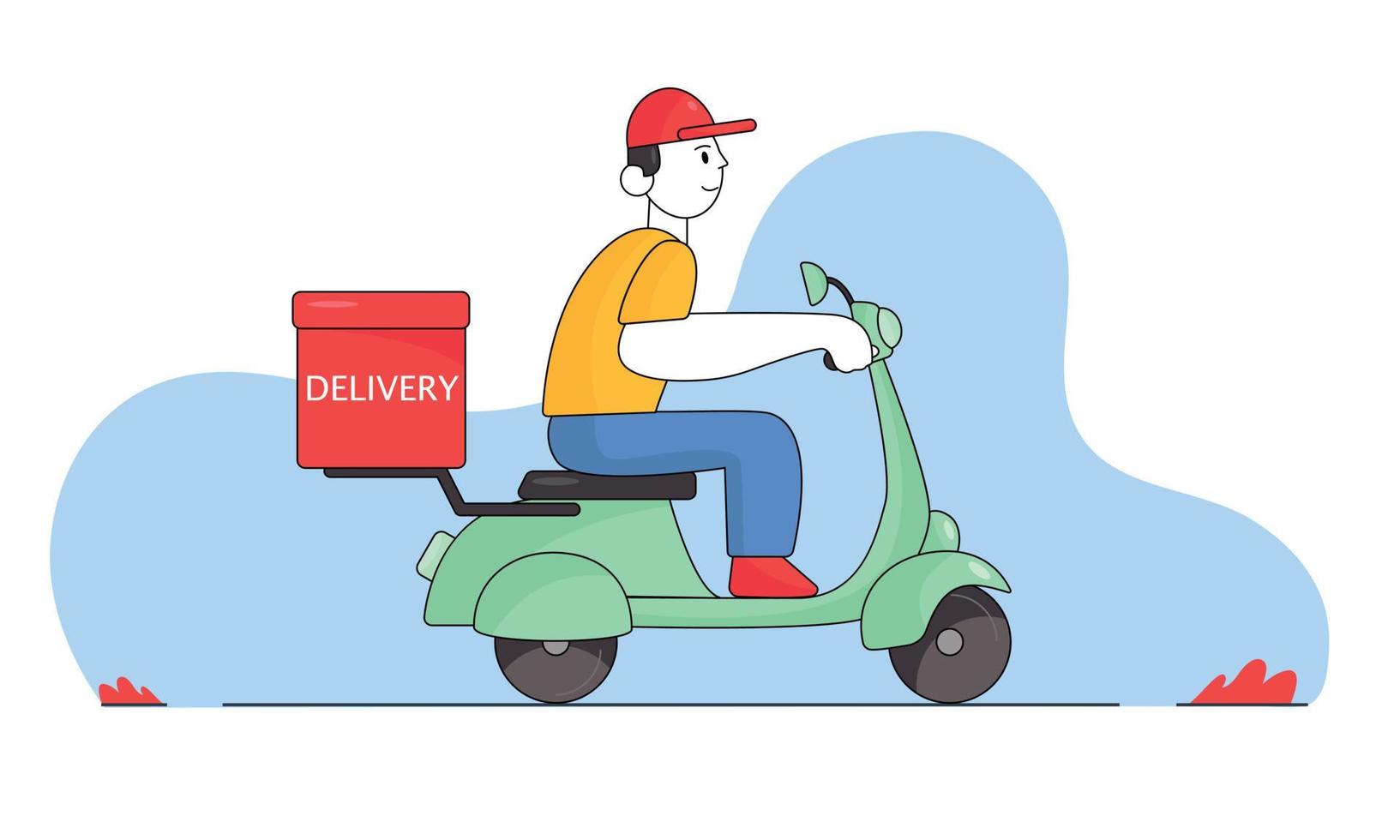 servicio de entrega en línea, seguimiento de pedidos en línea, entrega a domicilio y en la oficina. entrega de scooters. hombre en bicicleta. vector
