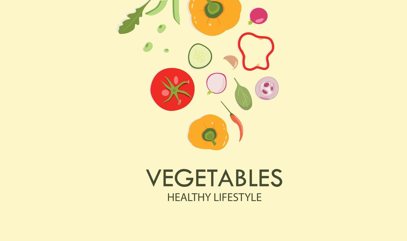 verduras. estilo de vida saludable. concepto de comida tomates, cebolla, pepino, guisantes, ajo, guindilla, pimiento amarillo y rábano vector