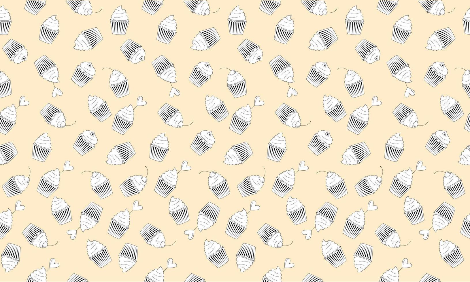 Seamless food cupcake pattern in black and white on a light yellow background vector